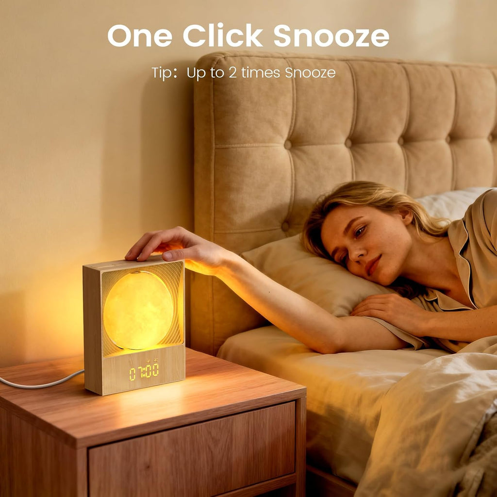 Epochleno Sunrise Alarm Clock, 360-Degree Rotating Moonlight & 10 White Noise Sounds, Dual Alarm & Snooze for Heavy Sleeper, Timer, Wooden…