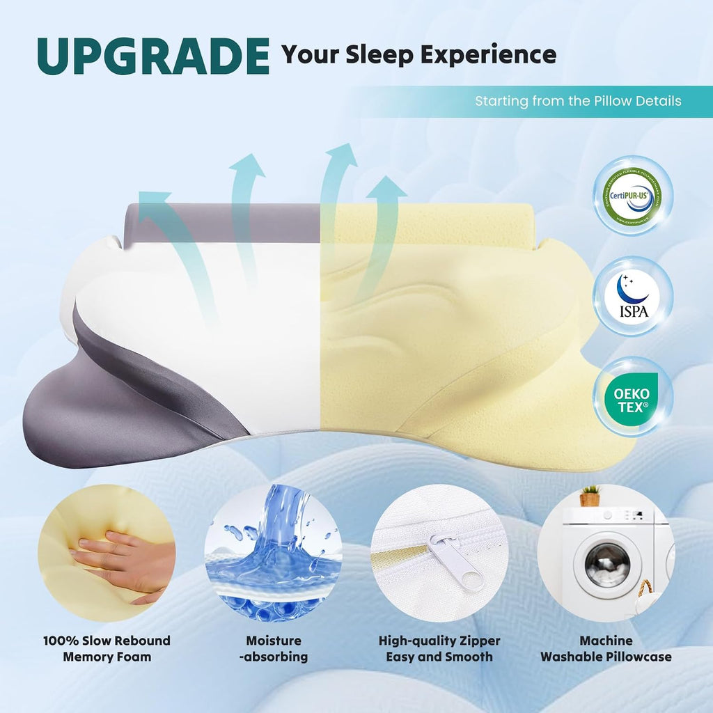 DUMOS Cervical Neck Pillow for Sleeping, Cooling Ergonomic Memory Foam Pillow with Arm Rest Slot and Ice Silk Pillowcase, Dual Height…