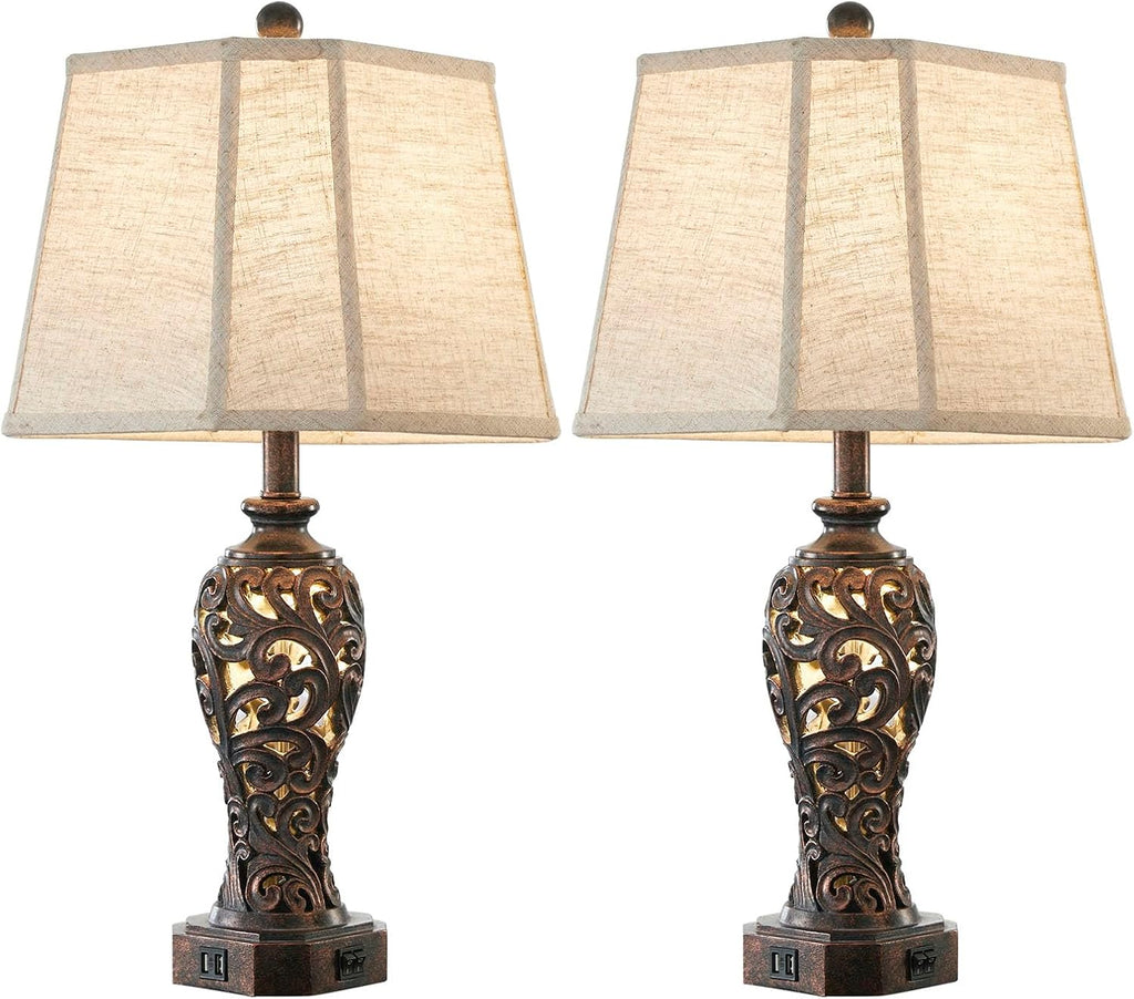Set of 2 Farmhouse Table Lamps for Living Room, Rustic Vintage Nightstand Lamp with 2 USB Port, Bronze Resin Lamps for Bedroom End Table…