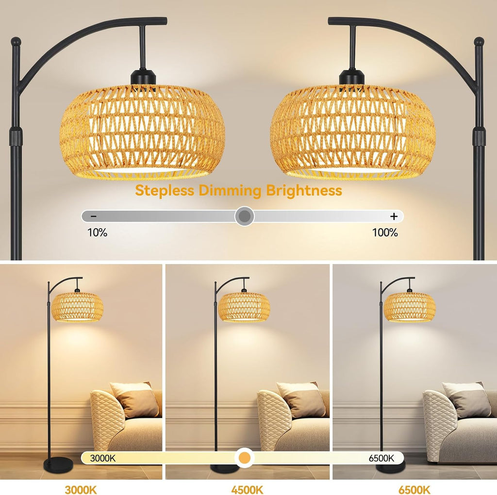 Arc Floor Lamps for Living Room Rattan Boho Floor Lamp with Remote Control, Dimmable LED Floor Lamp Wicker Lamp Shades Black Standing Lamp…