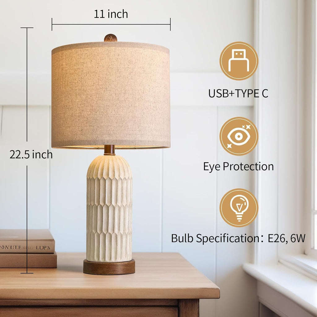 OYEARS 22.5" Bedside Table Lamps Set of 2, Farmhouse Table Lamp with USB A+C Charging Ports, Vintage Nightstand Lamp for Bedrooms and…