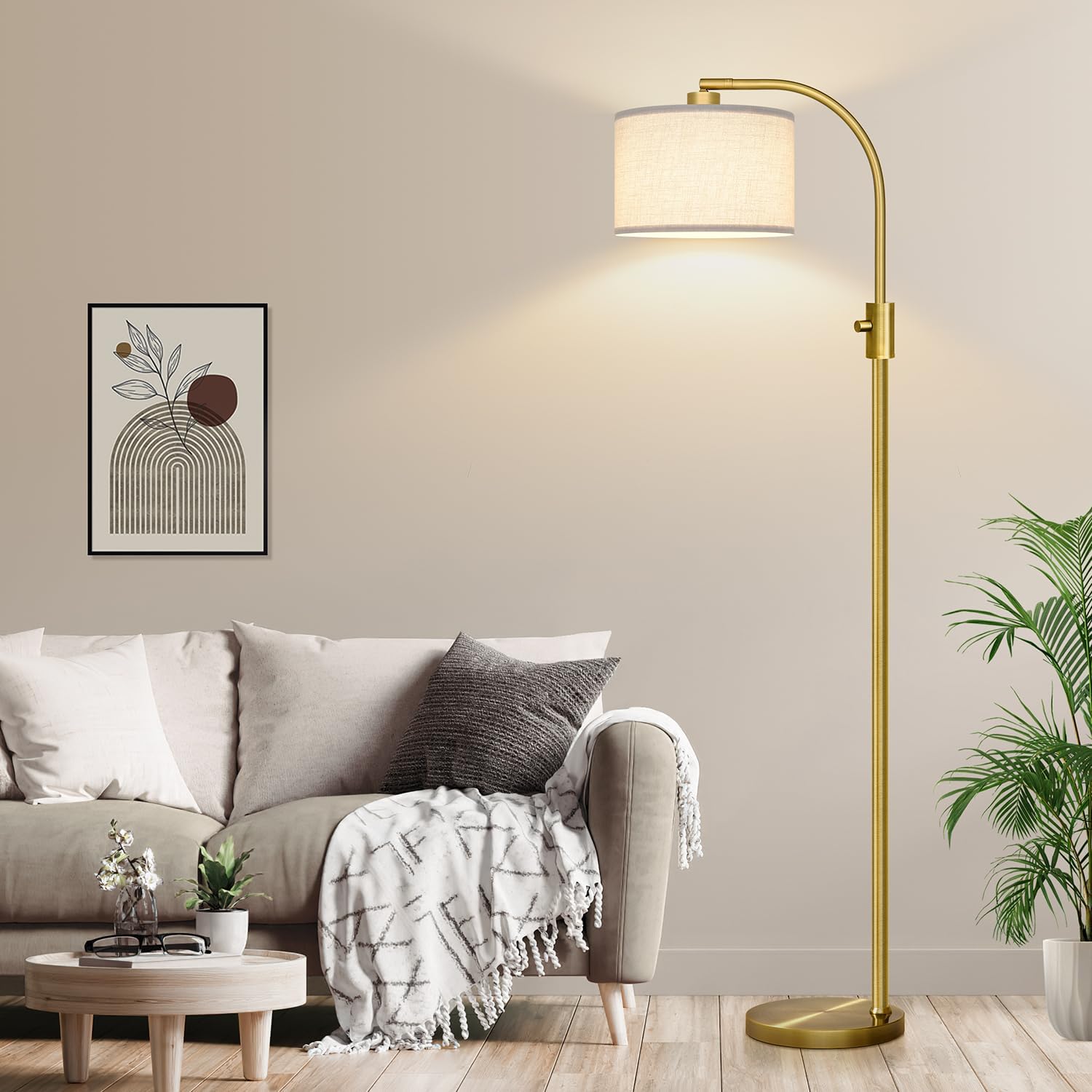 Nintiue Upgraded Modern Arc Dimmable Tall Standing Floor Lamp with Linen Shade, 1200 Lumens LED Bulb Included, for Living & Reading Room…