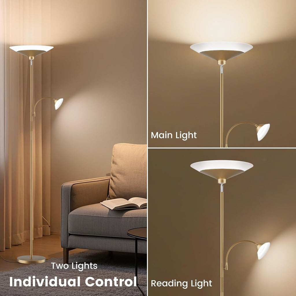 SIBRILLE Gold Torchiere Floor Lamp - 2 Way LED Standing Lamp with Reading Light, Dimmable 72'' Tall Lamp with Remote Color Changing, 34W…