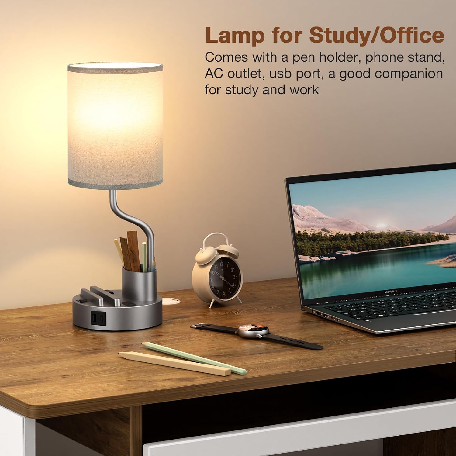 Grey Bedside Table Lamps for Bedroom Set of 2 - Nightstand Light with AC Outlet and USB A & C for Charging, 3 Color Temperatures Desk…