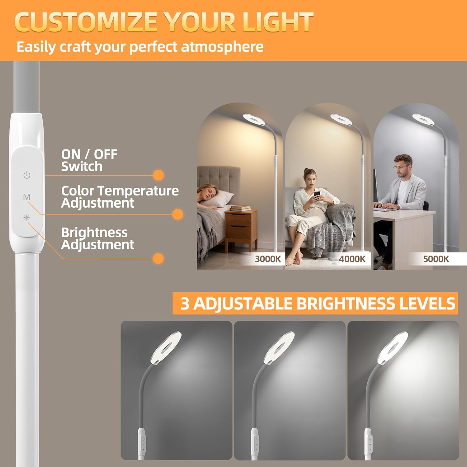 GyroVu 70" Bright LED Floor Lamp for Living Room, Dimmable Standing Tall Lamps with Color Temperature Adjustable, Touch Control Gooseneck…