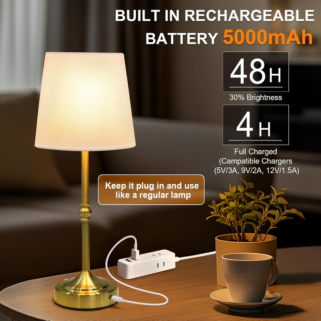 Rechargeable Cordless Table Lamp, 5000mAh Battery Operated Lamp, Wireless 3-Level Dimmable Touch Lamp, Portable Night Bedside Brass Lamp…