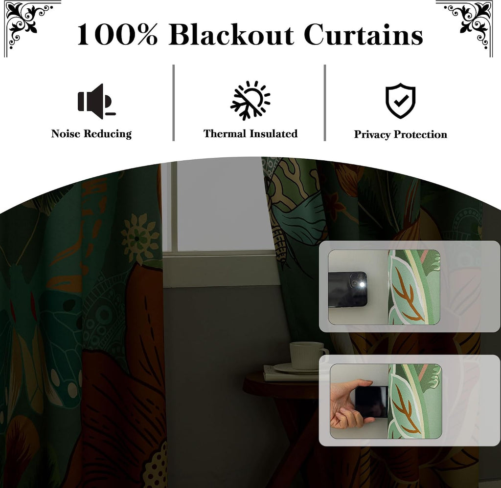 Tyrot Sage Green Boho Floral 100% Blackout Curtains for Bedroom 63 inch Long 2 Panels Butterfly Botanical Black Out Curtains for Living…