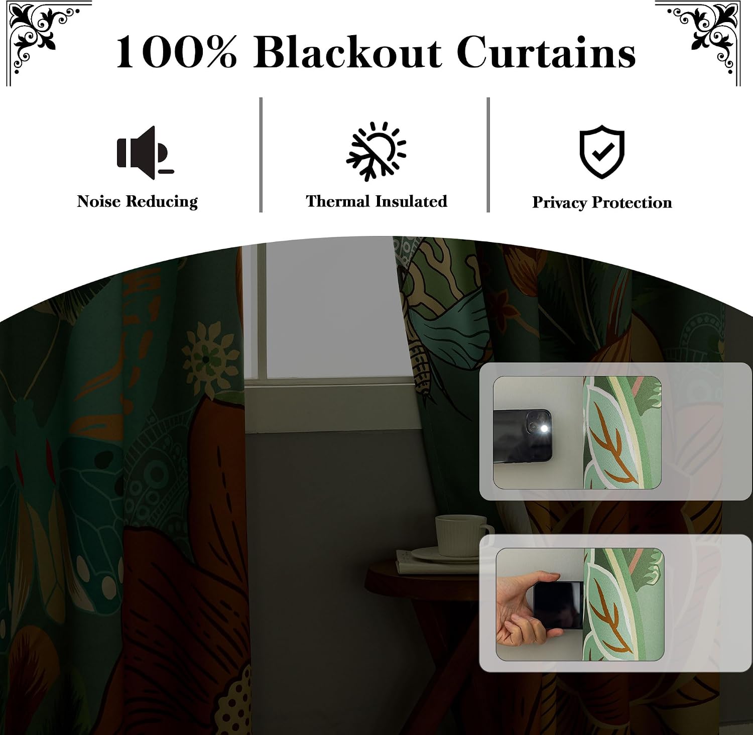 Tyrot Sage Green Boho Floral 100% Blackout Curtains for Bedroom 63 inch Long 2 Panels Butterfly Botanical Black Out Curtains for Living…