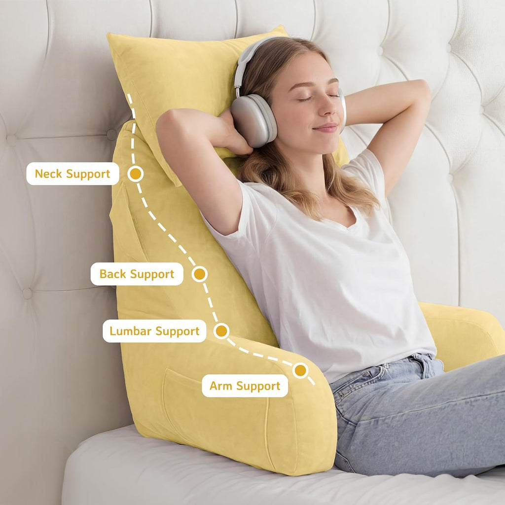 Unisakey Portable Reading Pillows with Headrest for Bed Sitting Up(Yellow Oeko-Tex), Velvet Back Pillow with Arms & Pockets for Adults…