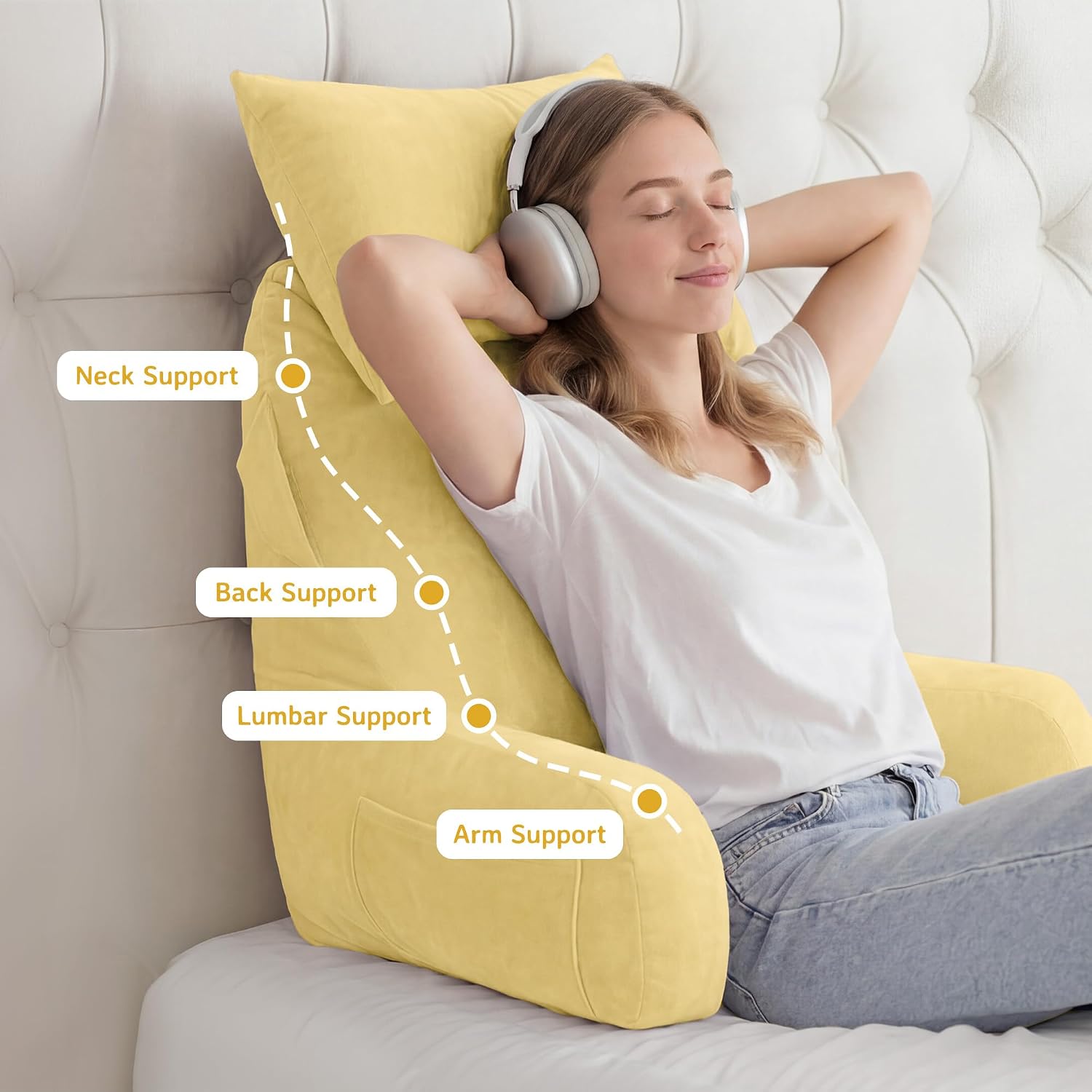 Unisakey Portable Reading Pillows with Headrest for Bed Sitting Up(Yellow Oeko-Tex), Velvet Back Pillow with Arms & Pockets for Adults…