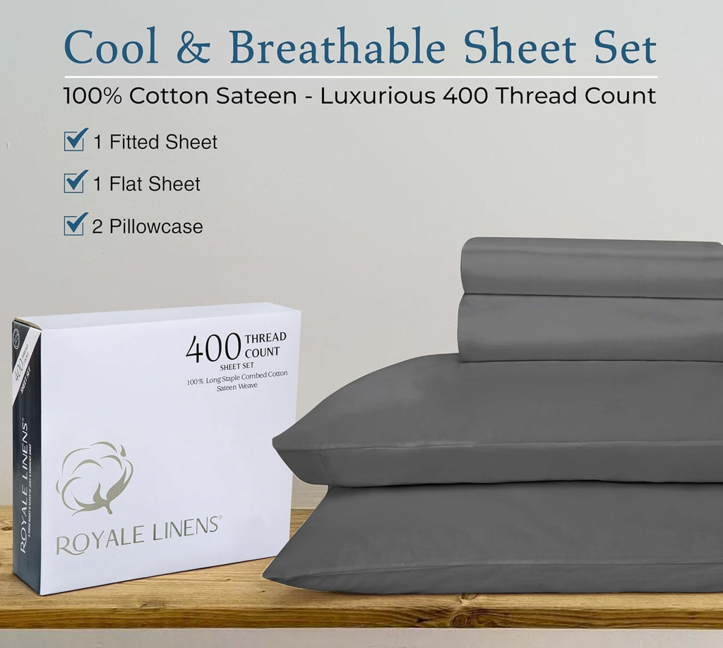 Royalelinens ROYALE LINENS 400 Thread Count 100% American Grown Cotton 4 Piece Sateen Queen Sheet Set - 1 Fitted Sheet, 1 Flat Sheet, 2 Pil…