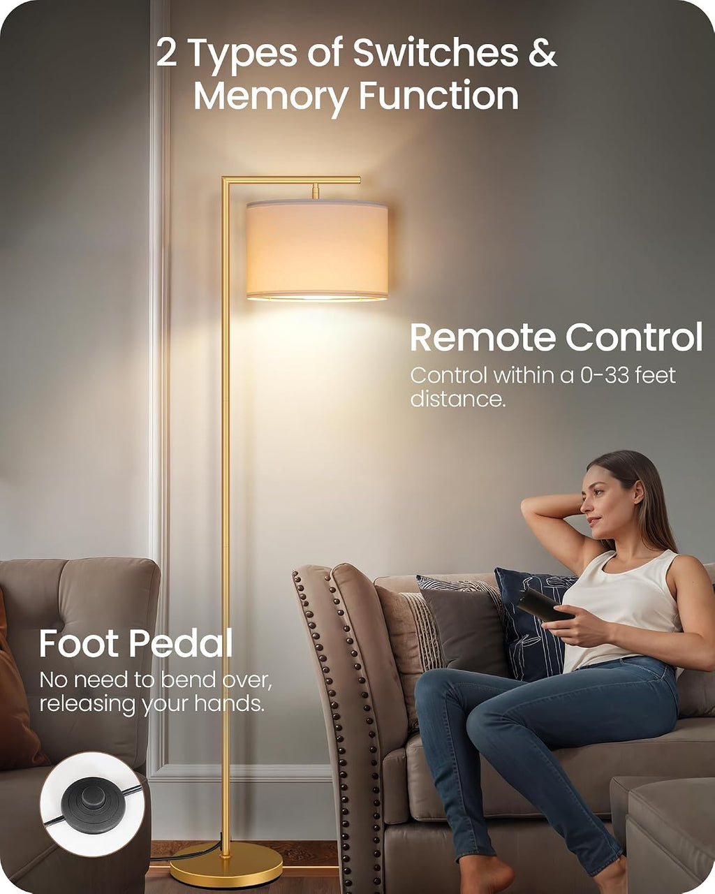 Goebleson Gold Dimmable Floor Lamp, Modern Arc Lamp with Remote, Standing Corner Light with Lampshade, Tall Reading Lighting for Bedroom, L…