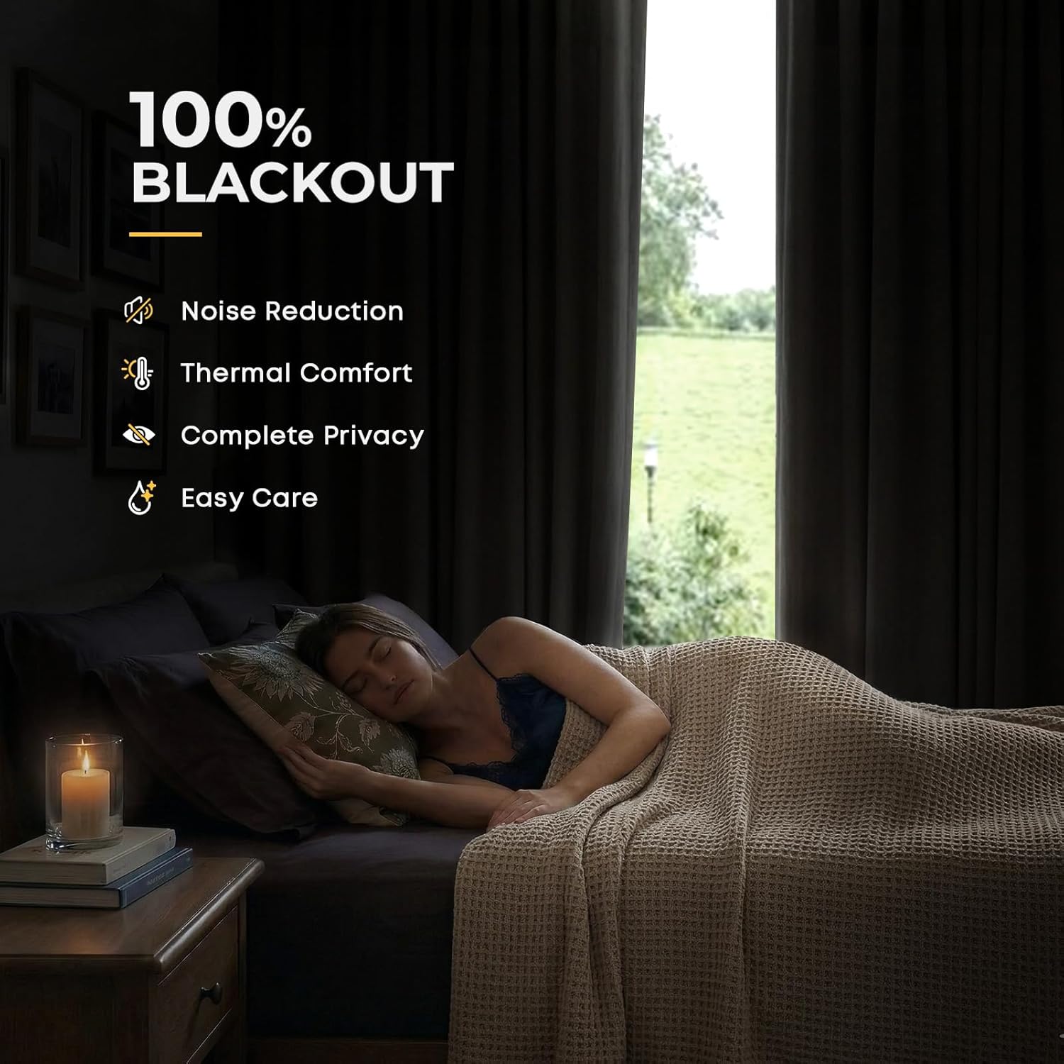 INOVADAY 100% Blackout Curtains for Bedroom, Black Out Curtains 90 Inch Long, Clip Rings Linen Blackout Drapes, Thermal Insulated Room…