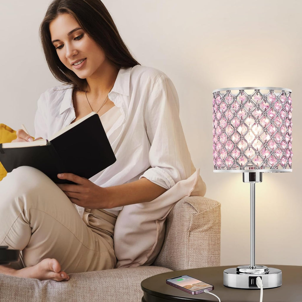 GyroVu Crystal Table Lamp, Bedside Crystal Lamp, Dimmable Touch Nightstand Lamp with USB-C+A Charging Ports Pink Night Lights Decorative…