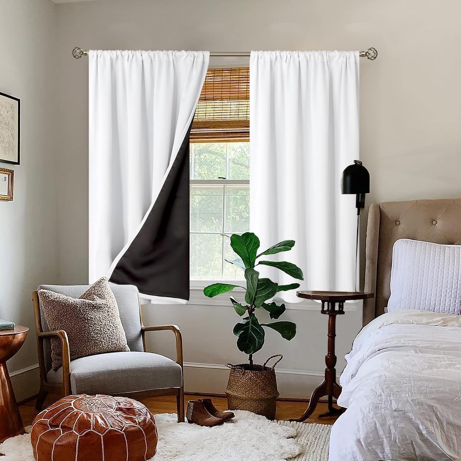BGment White Blackout Curtains for Bedroom 45 Inch Length, Rod Pocket 100% Blackout Curtains with Thermal Liner Room Darkening Curtains…