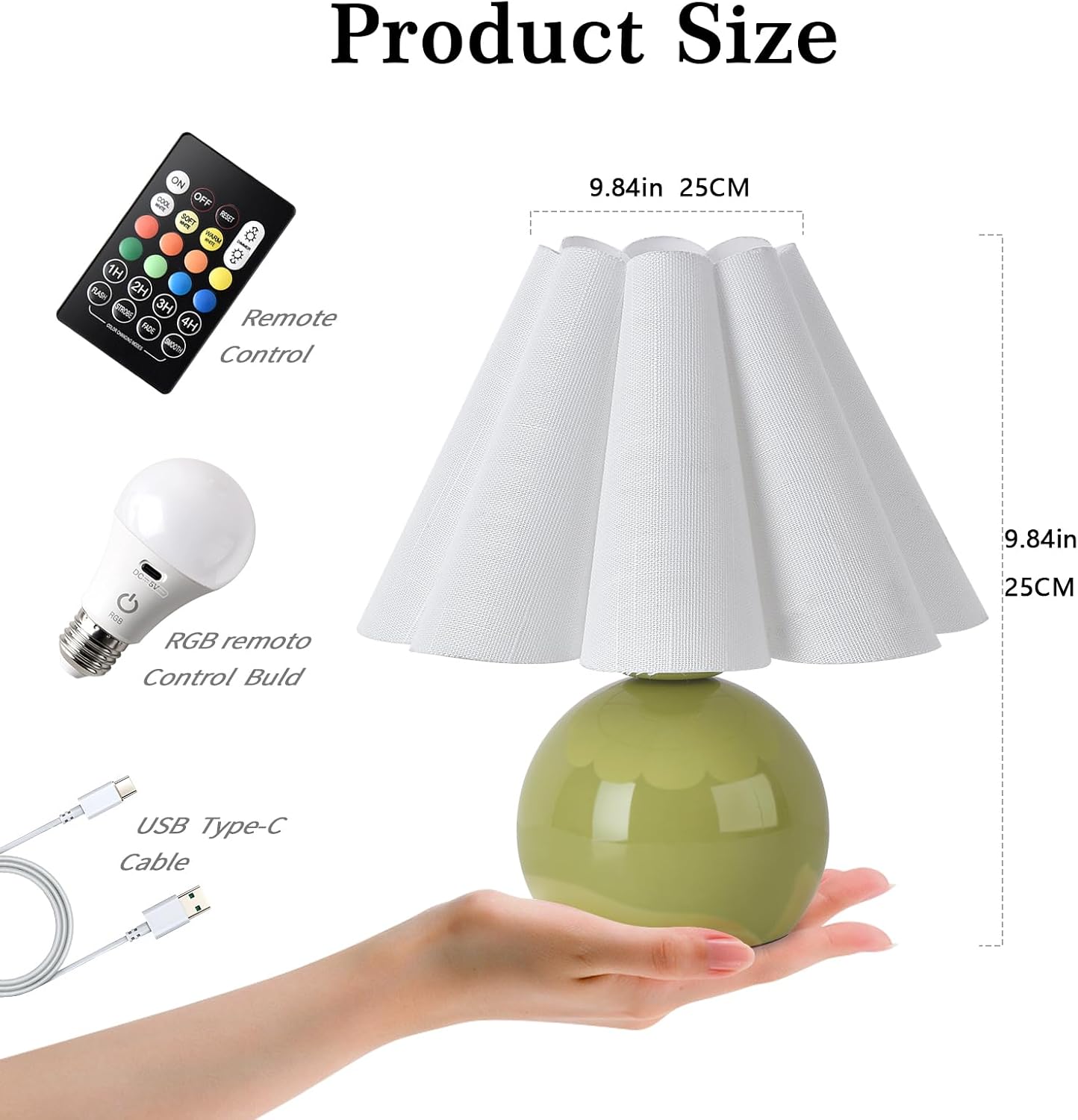 Rechargeable Cordless Green Small Table Lamp, Battery Operated Remote Control LIght Mini Cute Table Lamps for Bedroom Nightstand, Cute…