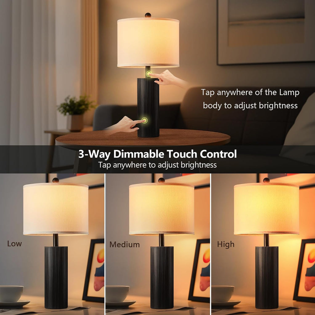 24.5" Black Lamps Set of 2, Modern Table Lamps for Living Room with USB C+A Ports, Creative Stripe Touch Lamps for Nightstand, 2 Bulbs…