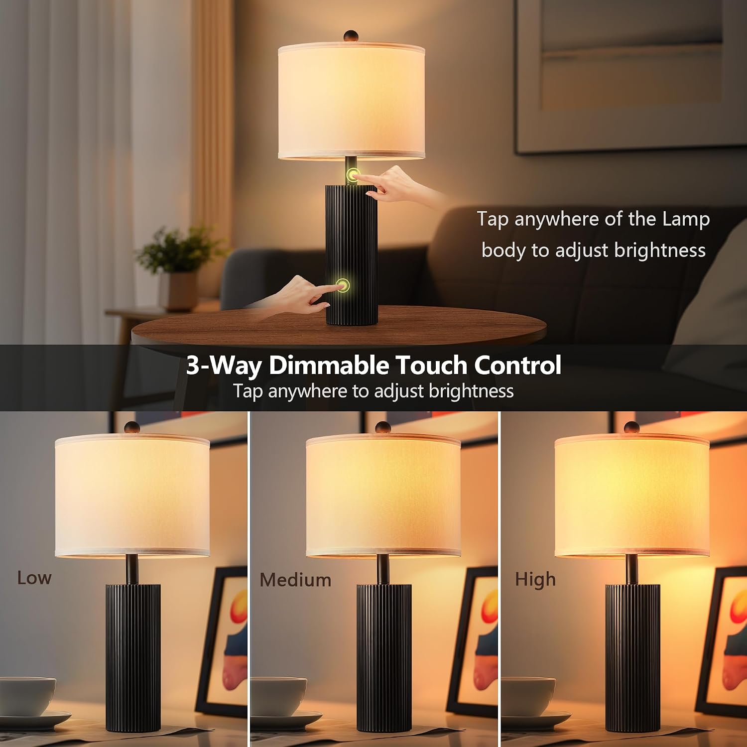 24.5" Black Lamps Set of 2, Modern Table Lamps for Living Room with USB C+A Ports, Creative Stripe Touch Lamps for Nightstand, 2 Bulbs…