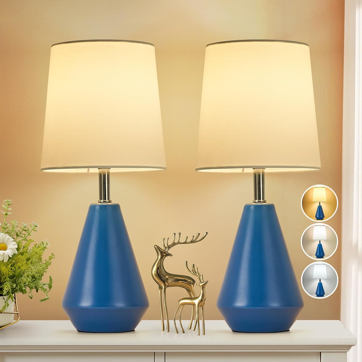 Small Bedside Table Lamp for Bedroom-Reading Desk Lamp Set of 2, with 3 Color Temperatures,15.5" Nightstand Ceramic Lamp with Fabric Shade…
