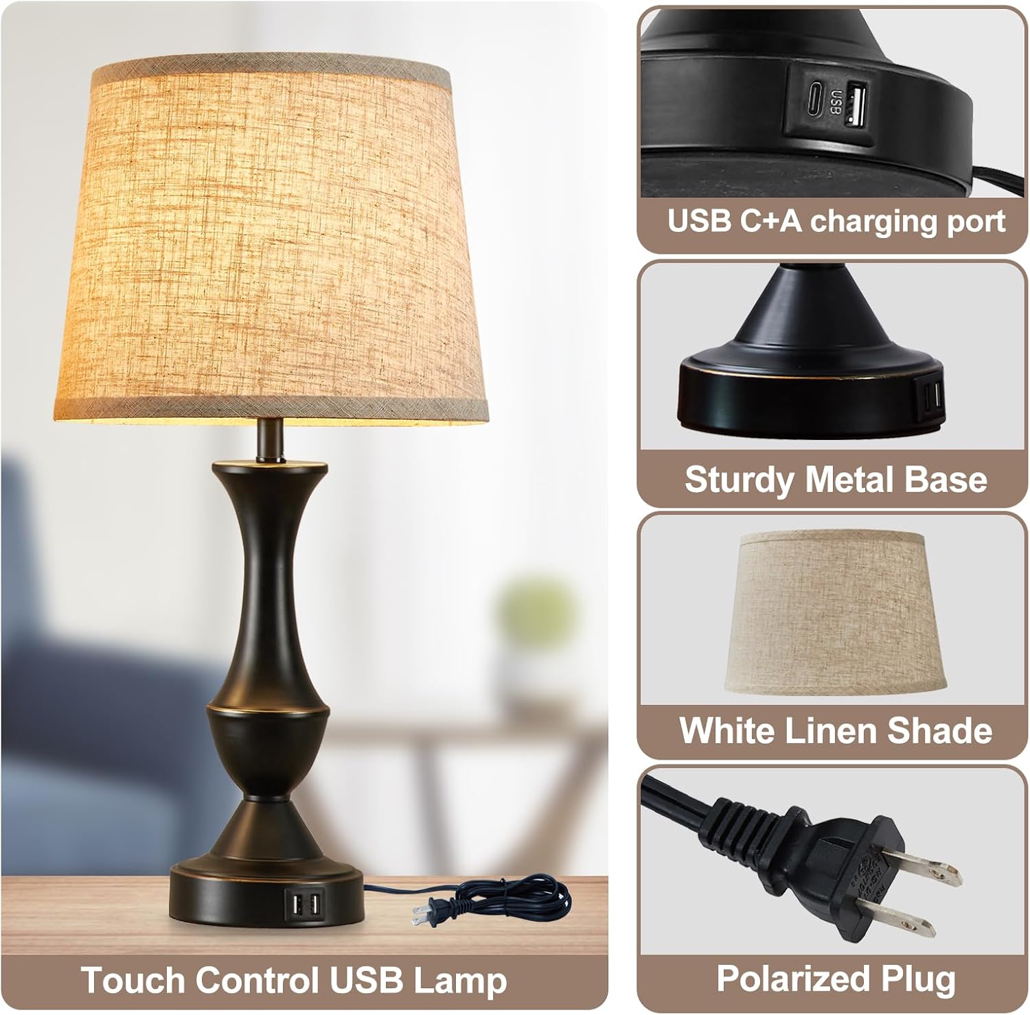 Luvkczc Upgraded Touch Table Lamps Set of 2, 22" Tall Bedside Lamps with USB C+A Ports, Dimmable Nightstand Lamps for Bedroom, Living…