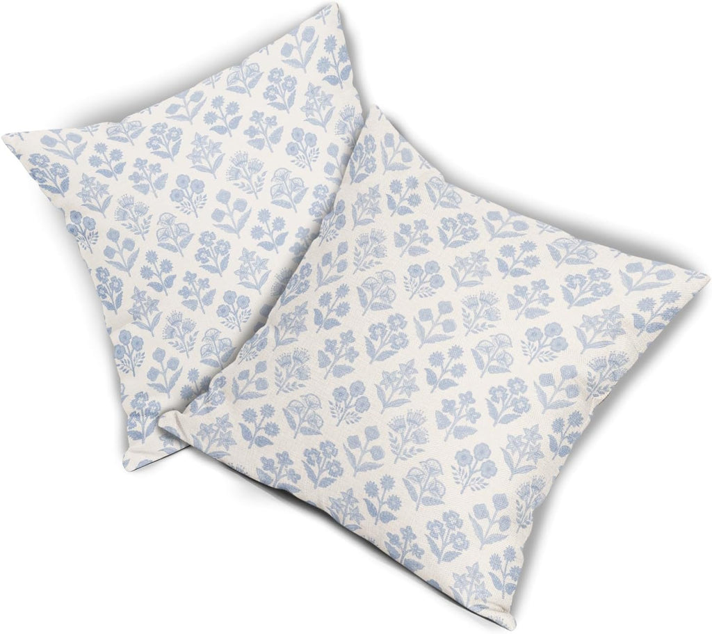 Baby Blue Floral Pillow Covers 22x22 Inch Set of 2, Vintage Flower Block Print Pattern Decorative Throw Pillowcases Outdoor Farmhouse…