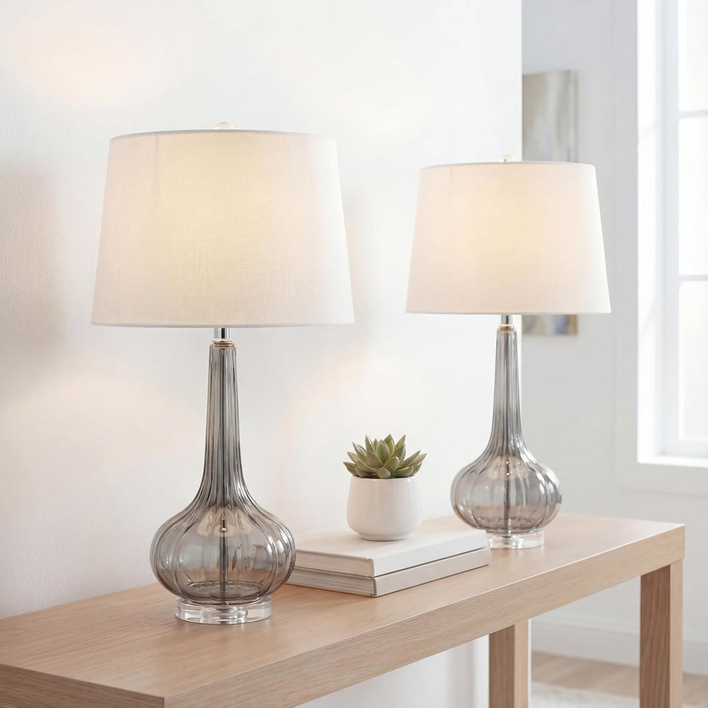 JONATHAN Y 28.5" Smoke Gray Glass Teardrop LED Table Lamp Set of 2 for Living Room Bedroom Nightstand, White Linen Shade Modern…