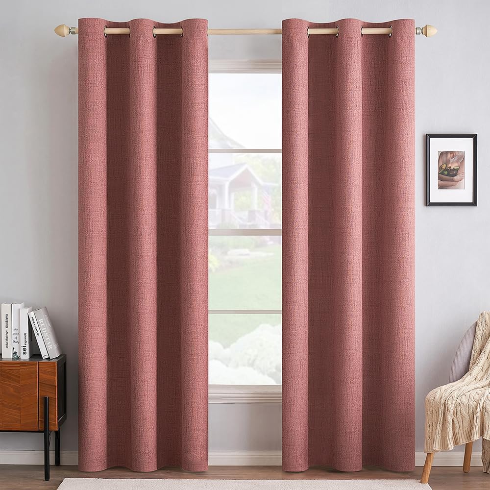Miulee 100% Blackout Linen Textured Curtains for Bedroom Solid Thermal Insulated Dusty Rose Grommet Room Darkening Curtains & Drapes Luxury…