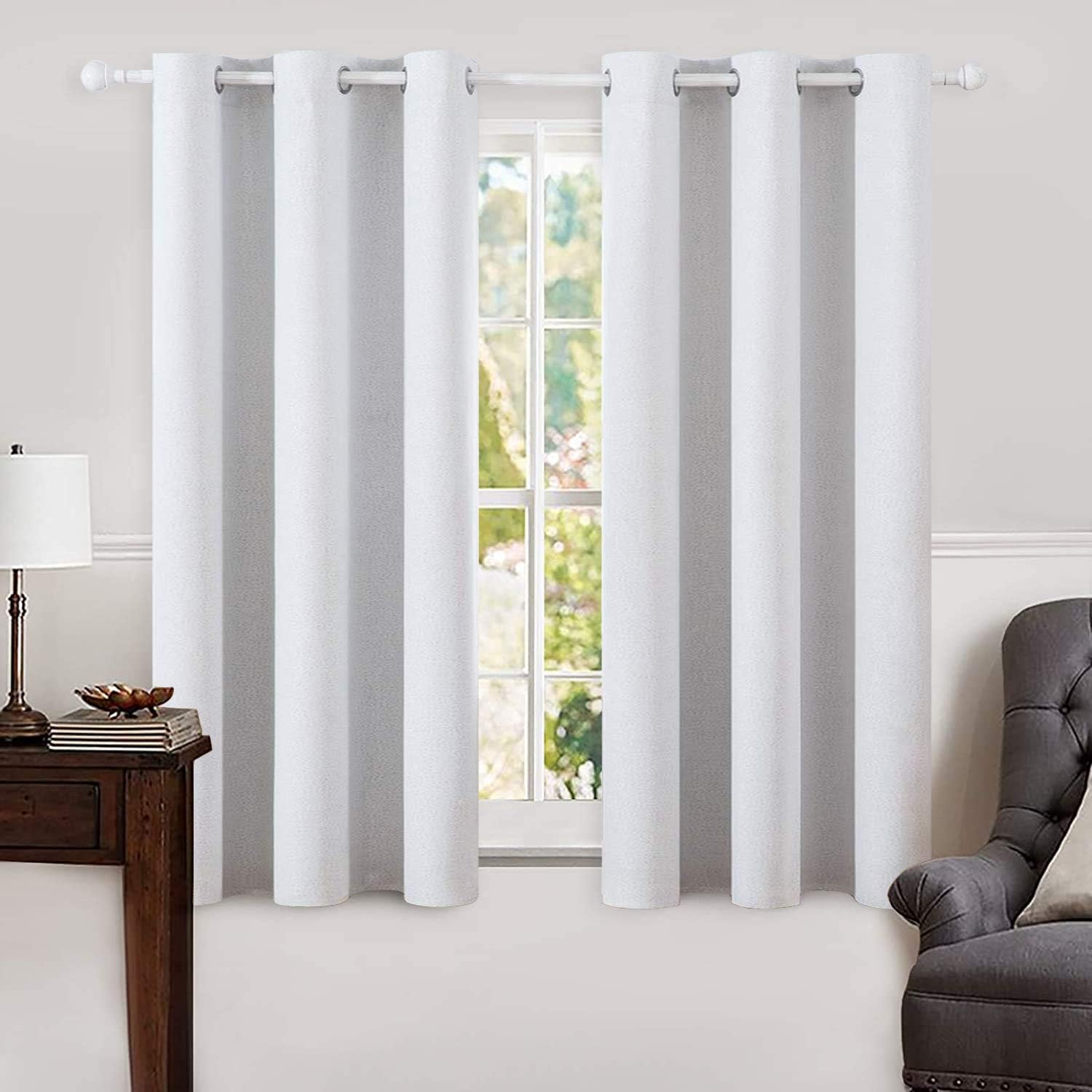 Miulee Linen Blackout Curtains for Bedroom Solid 100% Blackout Thermal Insulated Grayish White Curtains Grommet Room Darkening Curtains/Dra…