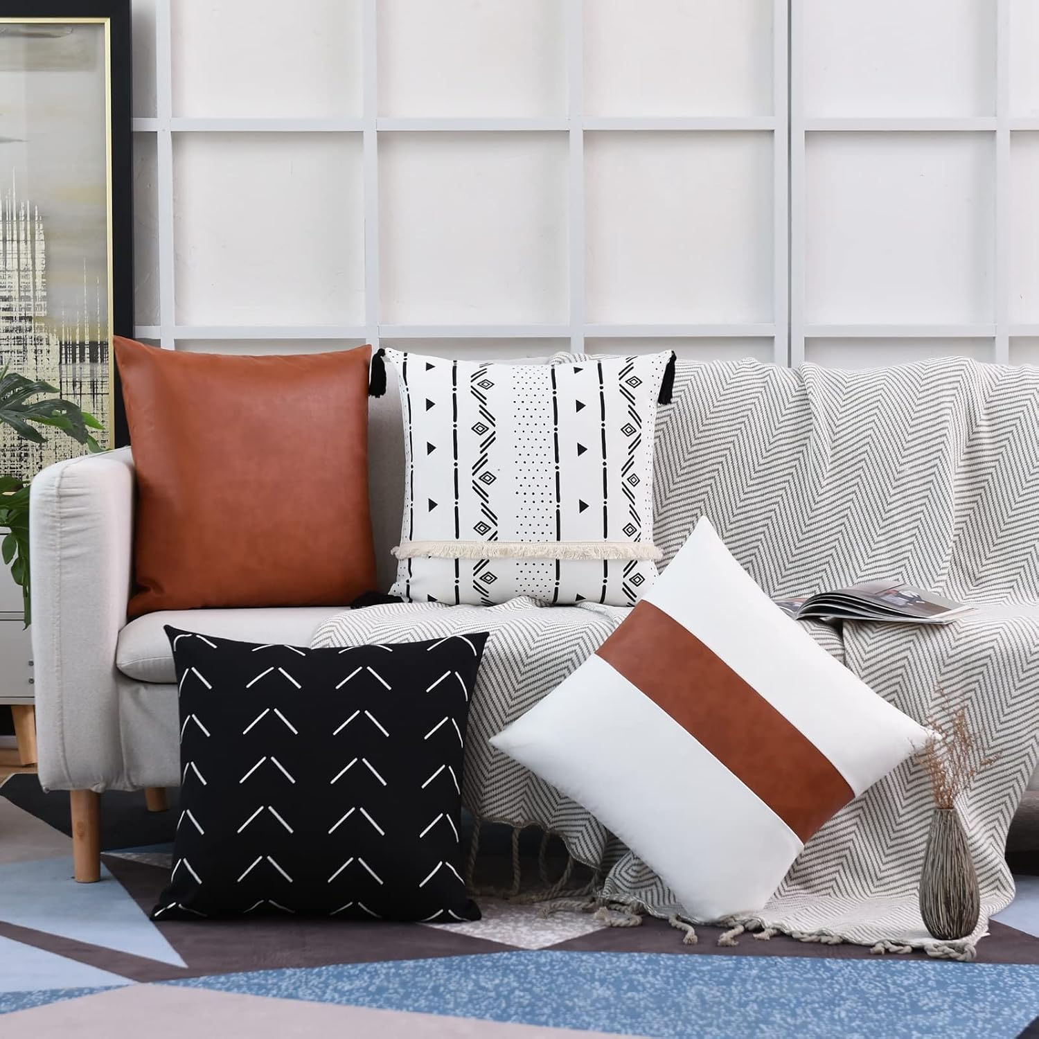 Tosewever Boho Geometric Throw Pillow Covers 18 x 18 Set of 4, Modern Stripe Farmhouse Decorative Faux Leather Cotton Pillowcase for Bedroo…