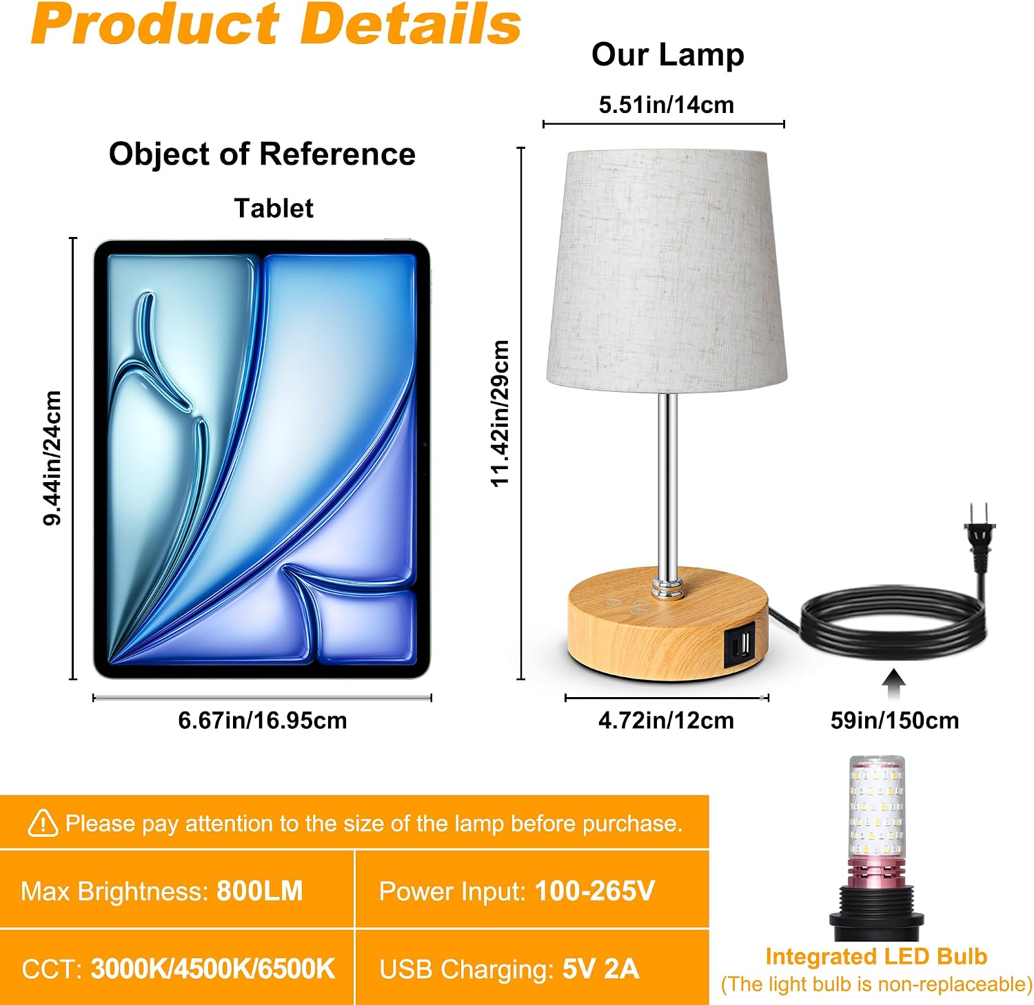 Ascher Small Bedside Table lamp Set of 2, RGB Color Changing Lamps, 3 Color Temperatures, Stepless Dimmable, Nightstand Lamp with USB C+A…