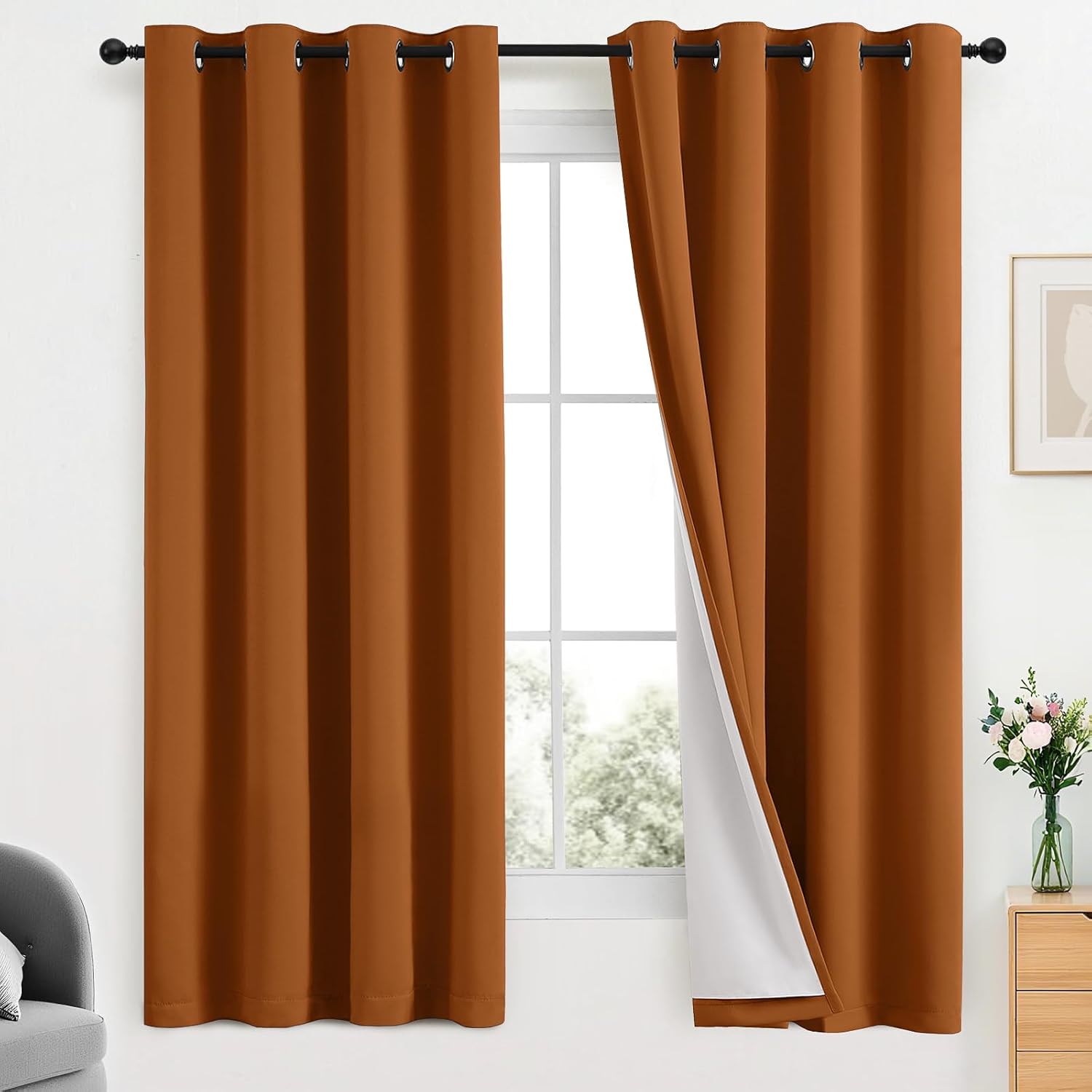 Yakamok Room Darkening 100% Blackout Curtains Grommet Window Treatments with 2 Thick Layers-Burnt Orange Thermal Insulated Drapes Set of 2…