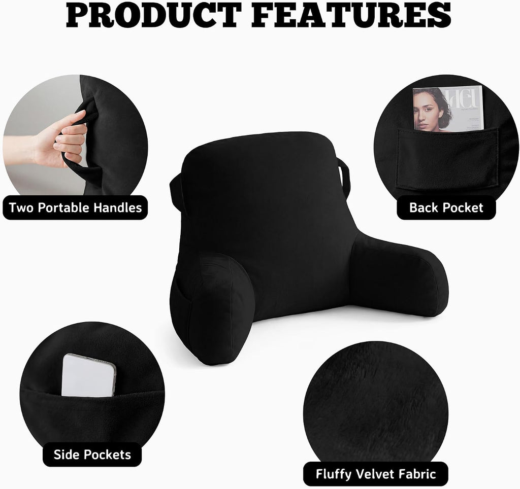 Unisakey Portable Comfy Reading Pillows for Bed Sitting Up(Black Oeko-Tex), Velvet Back Pillow with Arms & Pockets for Adults, Support…
