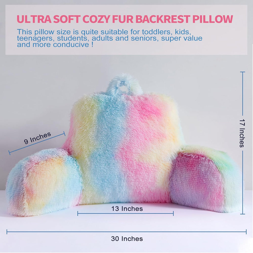 Bedriping Reading Pillow for Bed - Faux Fur Backrest Pillow with Arms, Reading & Bed Rest Pillows Rainbow Colors, Fluffy Sit Up Pillow, Stu…