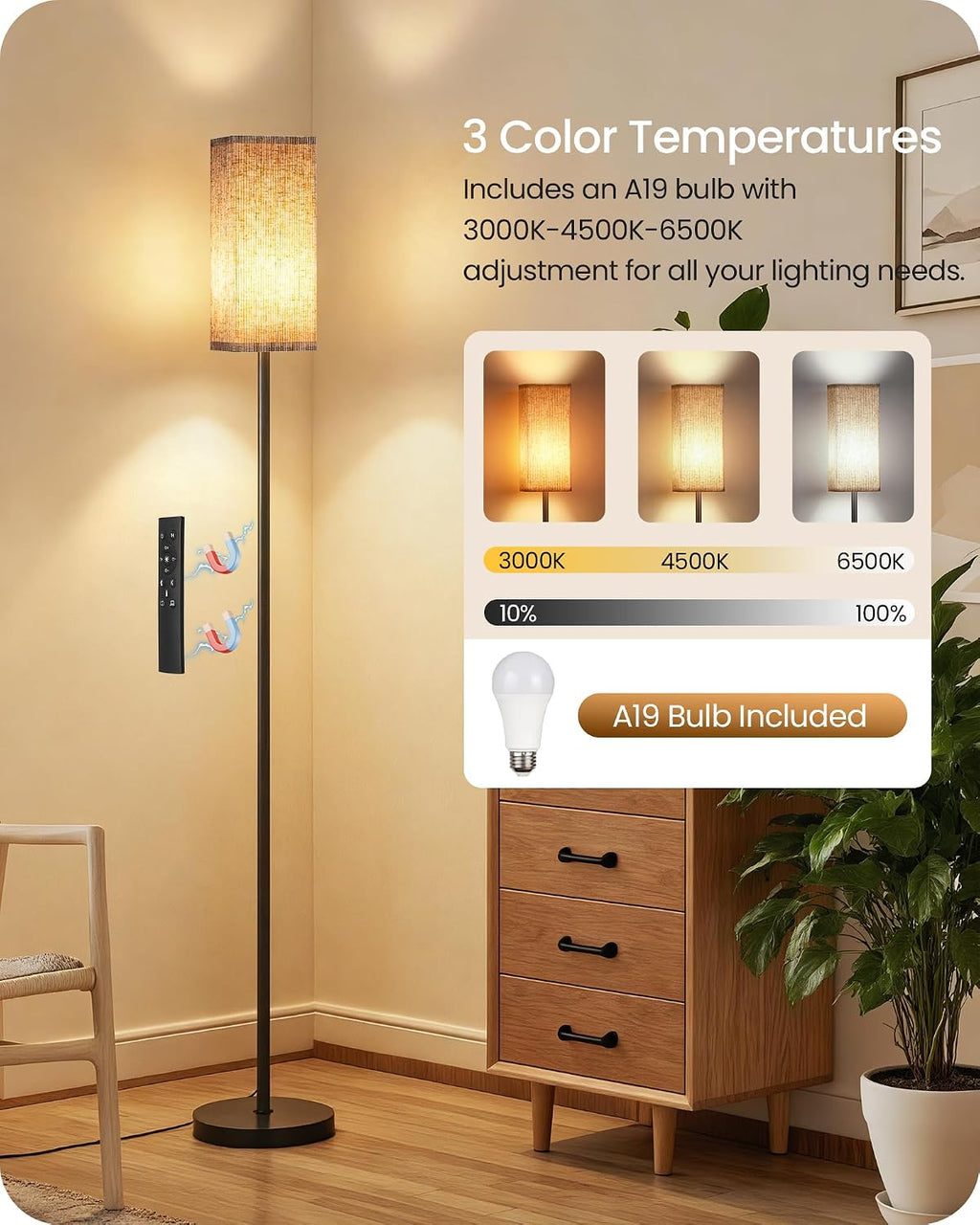 64.2” Dimmable Floor Lamp for Living Room with Remote and Foot Switch, Corner Floor Lamp for Bedroom, Includes 10W A19 Bulb, Modern…