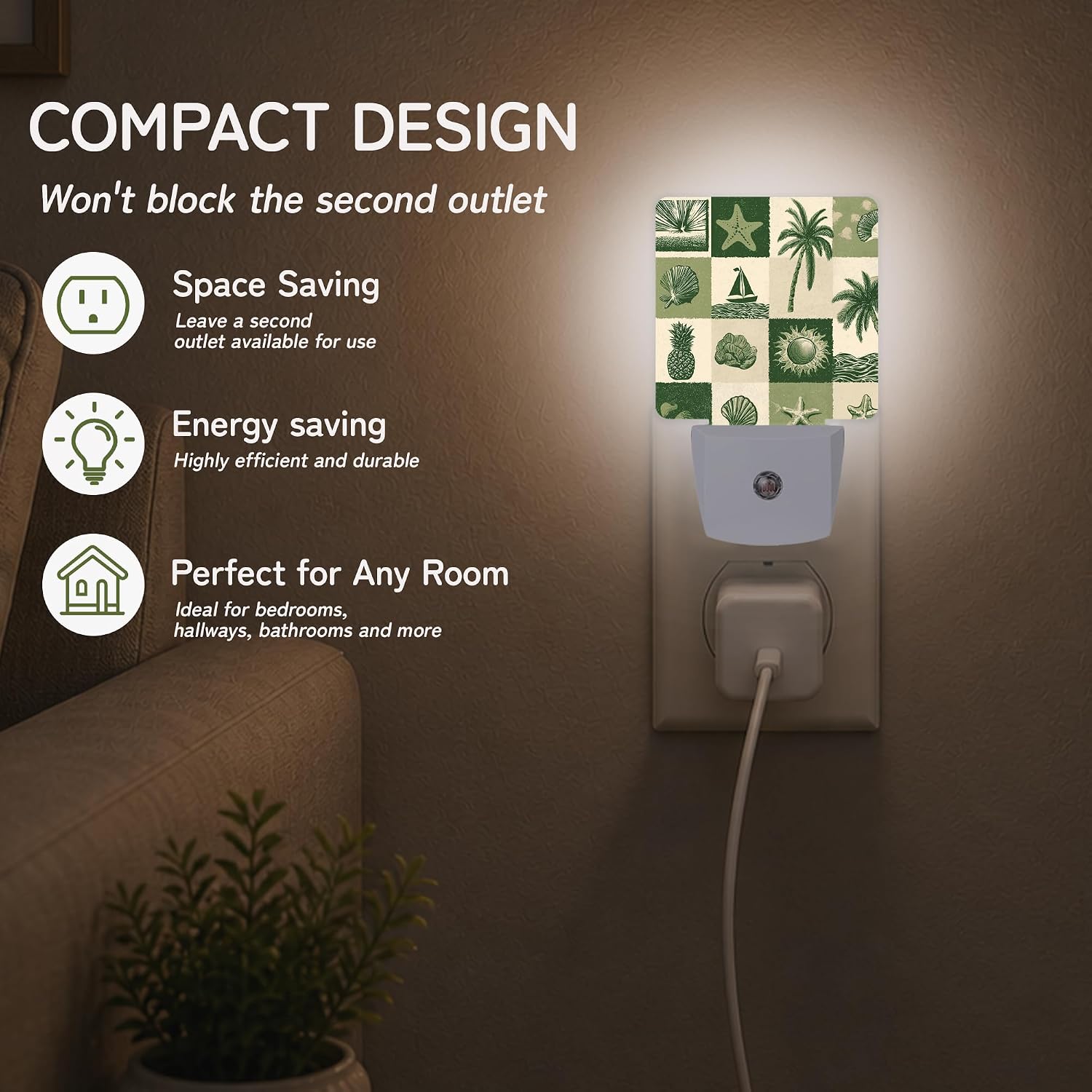 Night Light, Coastal Beach Patchwork Night Lights Plug into Wall for Bedroom Bathroom Hallway Kitchen, Dusk to Dawn Sensor Decorative…