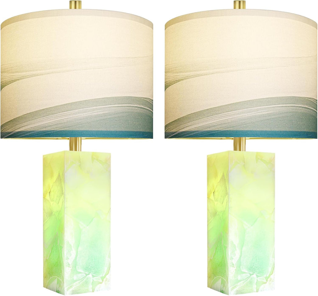 Scenekoy 23" Alabaster Table Lamp Set of 2 with Night Light for Bedroom Living Room, Rotary Switch, Blue Table Lamp with Linen Shade…