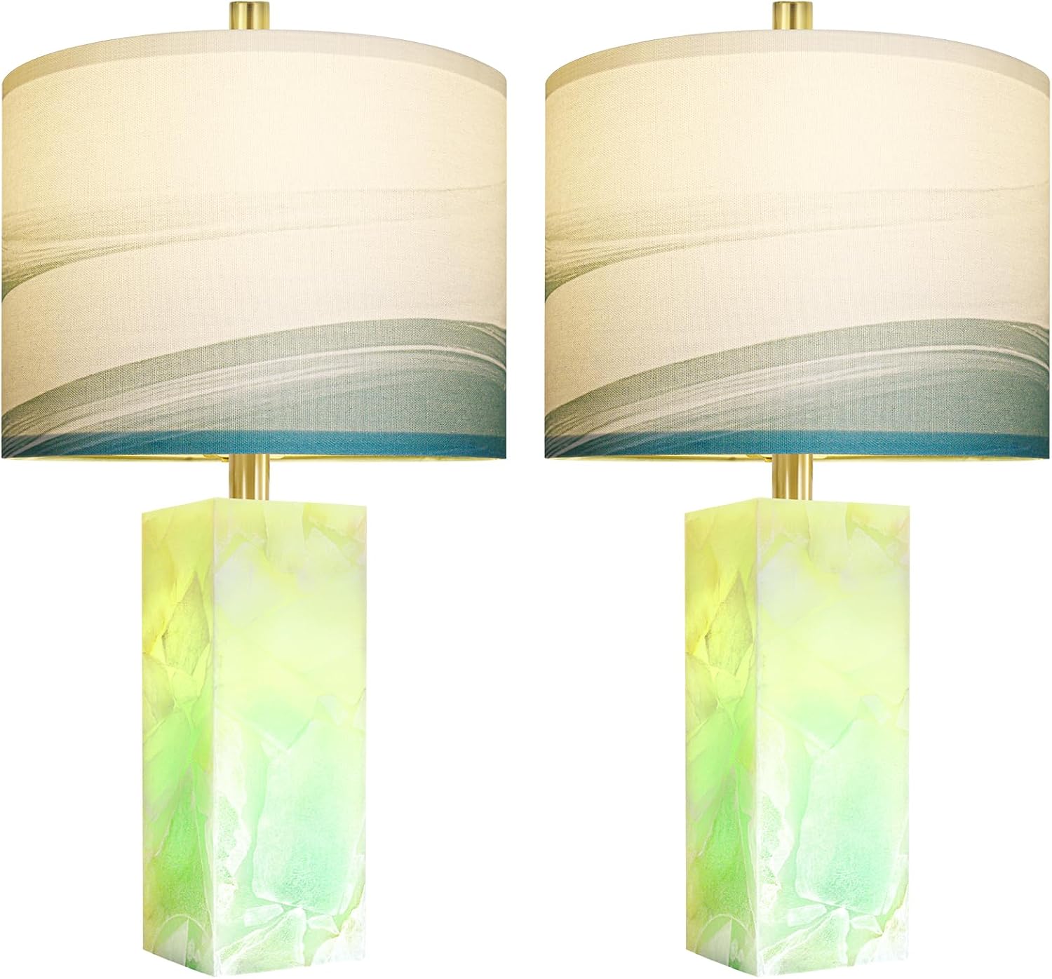 Scenekoy 23" Alabaster Table Lamp Set of 2 with Night Light for Bedroom Living Room, Rotary Switch, Blue Table Lamp with Linen Shade…