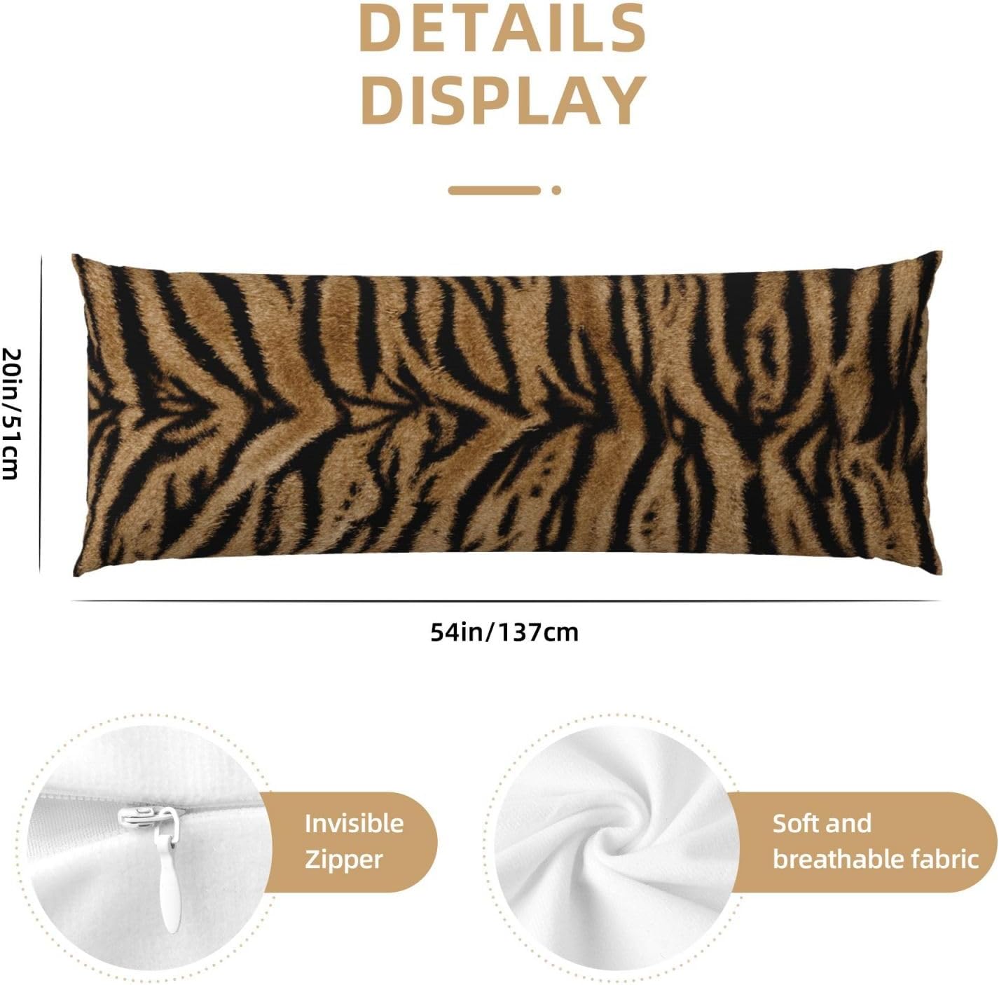 Sovvin Animal Tiger Print Body Pillow Cover Long Pillow Case with Zipper Decorative Soft Cushion Bedding Pillowcase for Couch Bedroo…