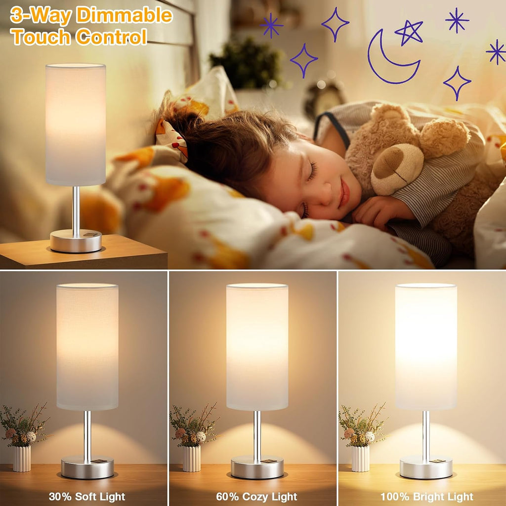 Dicoool White Touch Bedside Lamp with USB - 3 Way Dimmable Table Lamp for Bedroom, Nightstand Lamp with Nickel Charging Station and…