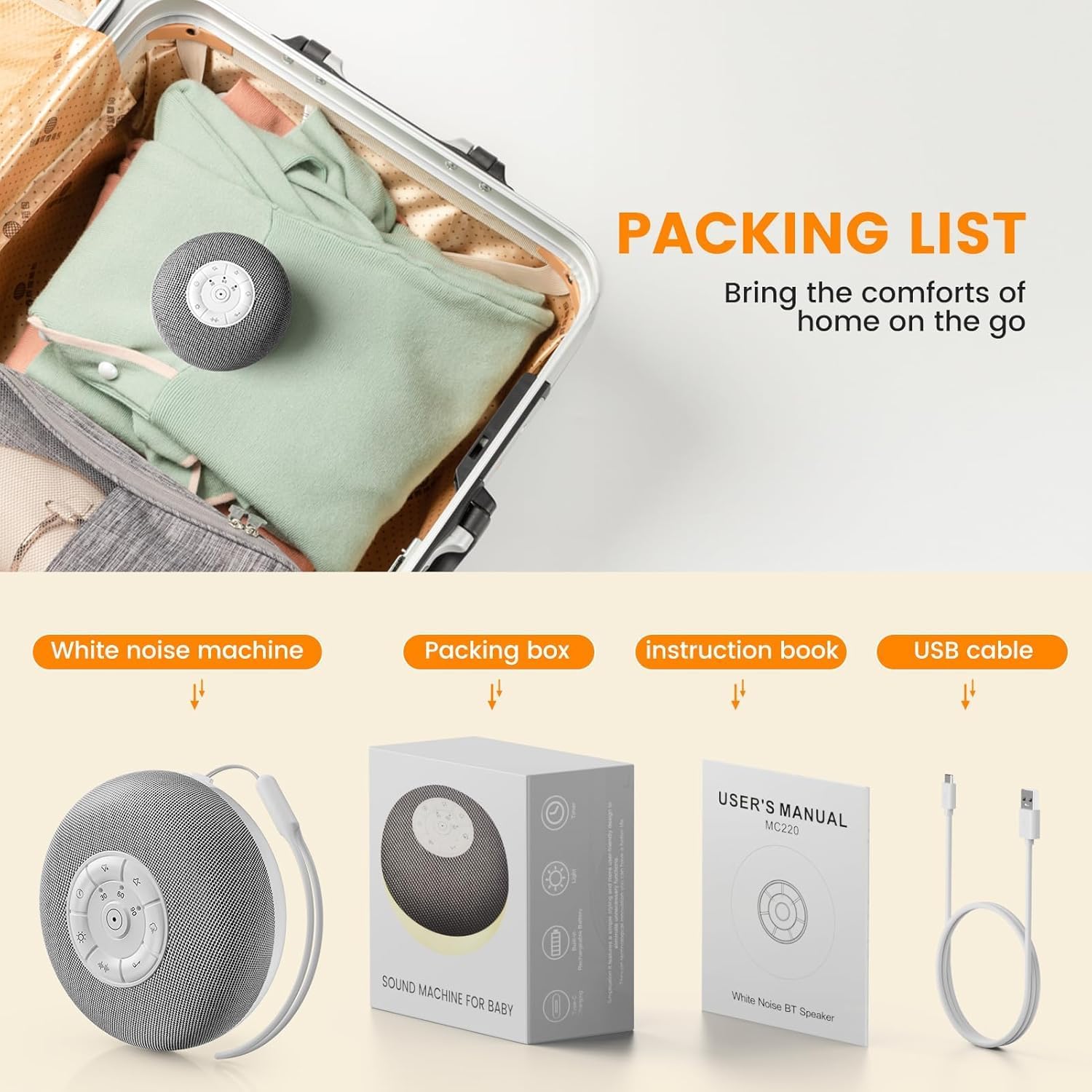 yewei YEVIK Portable Sound Machine for Baby, Soothing Sleep Assistant with 39 Sounds & Night Light for Nursery, Travel, Kids & Adults (USB-…