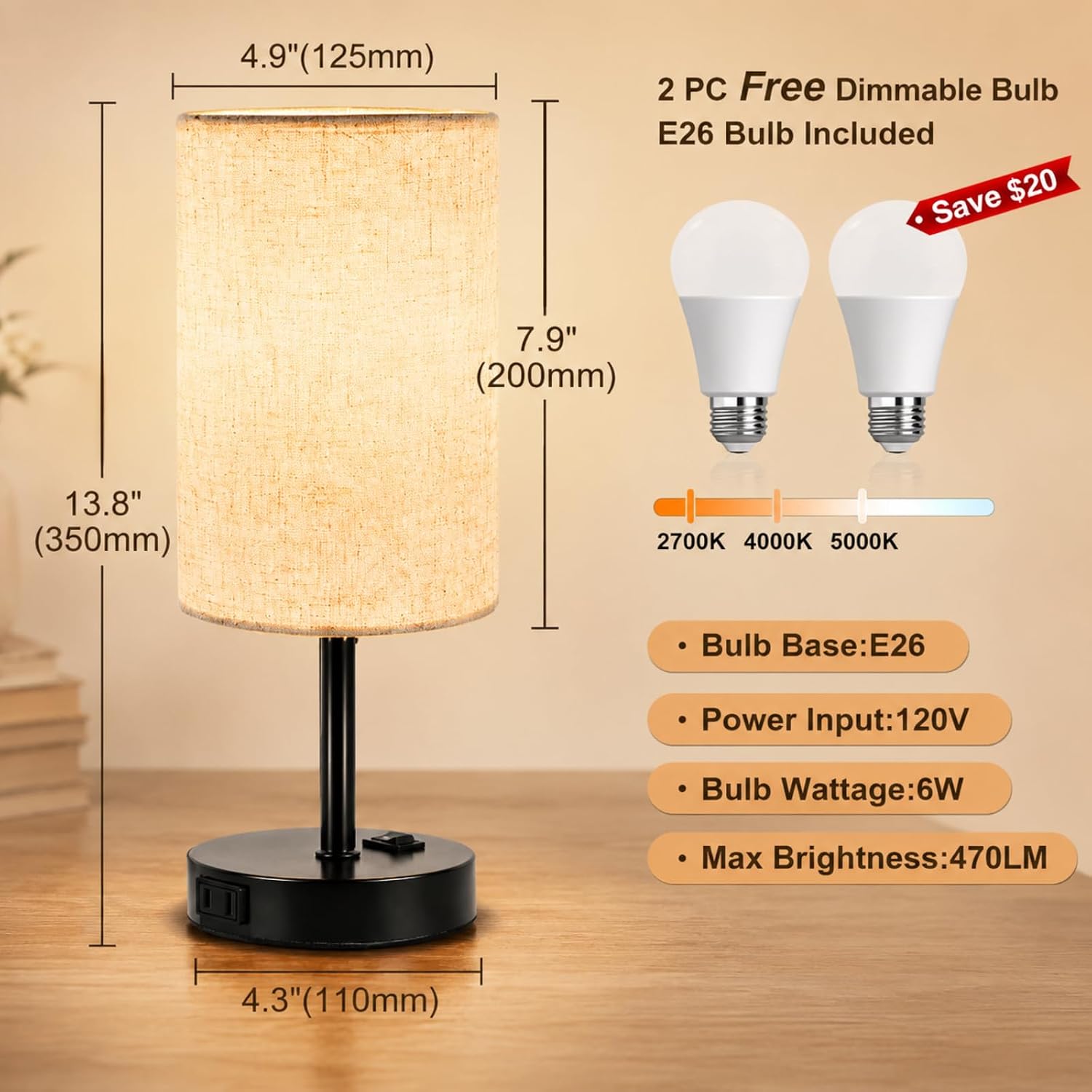 ZJOJO Table Lamp for Bedroom Set of 2, Bedside Small Lamps with 3 Way Dimmable Rocker Switch and AC Outlet, Nightstand Desk Lamp with…
