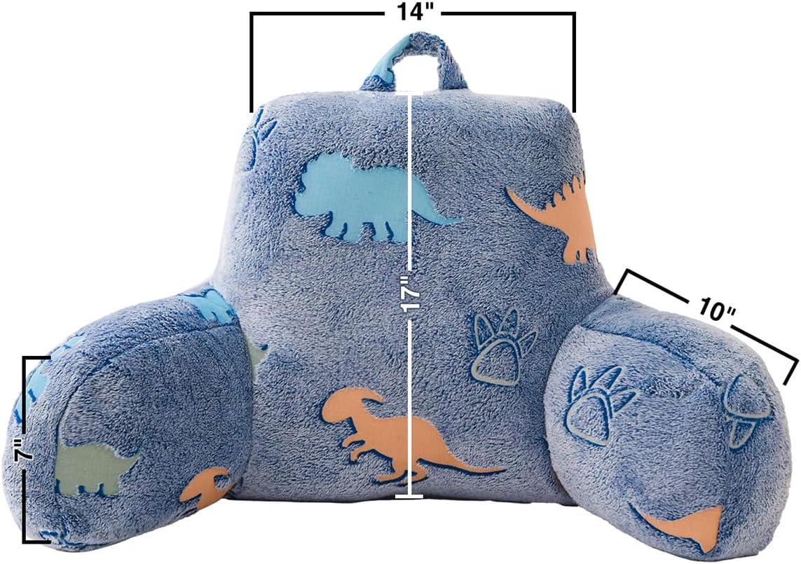 Holawakaka Glow in The Dark Reading Pillow for Sitting up in Bed Sofa Kids Teens, Luminous Dinosaurs Backrest Pillow with Arms, Boys…