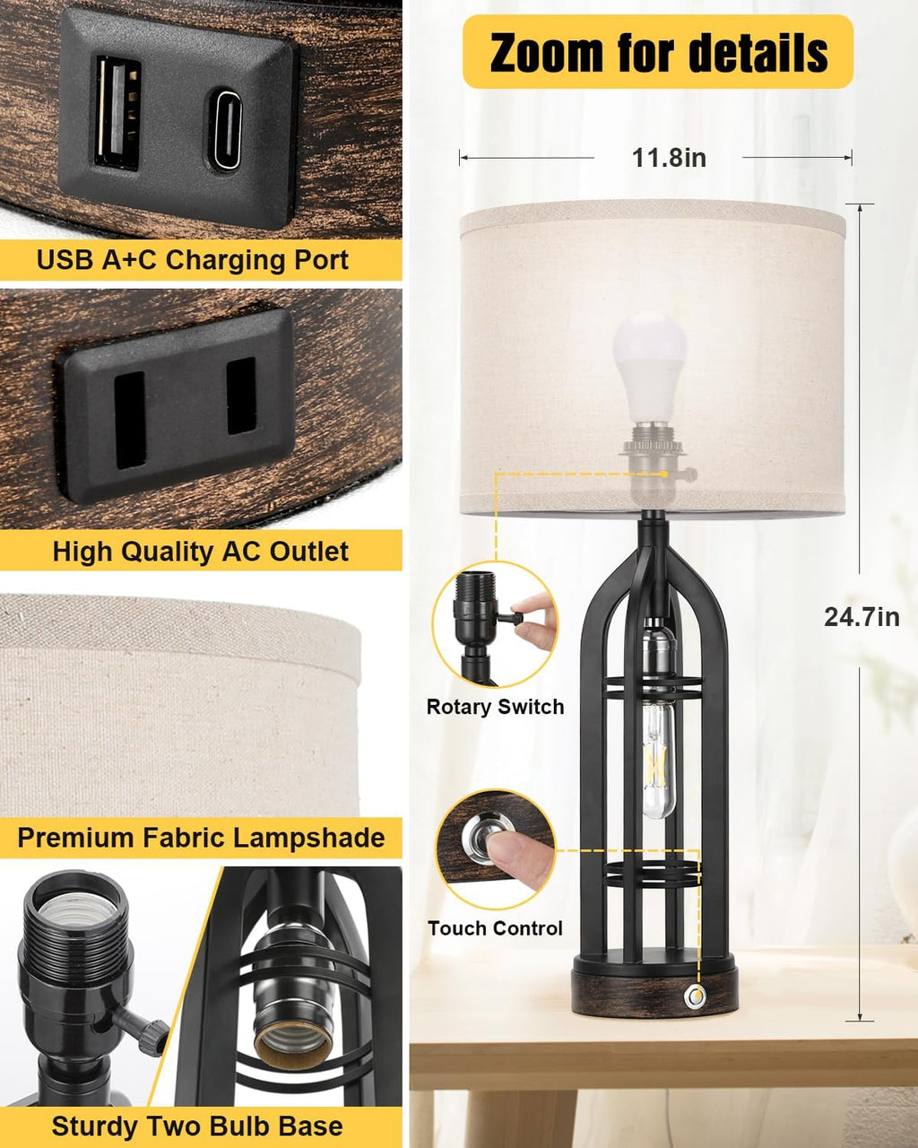Seealle Table Lamps for Living Room Set of 2 - Black Bedside Lamp for Bedroom with USB C+A & Outlet, Farmhouse Lamps for Night Stands…