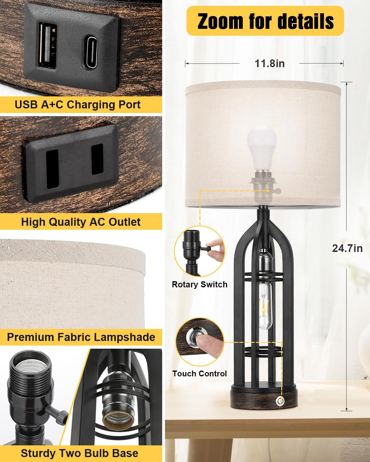 Seealle Table Lamps for Living Room Set of 2 - Black Bedside Lamp for Bedroom with USB C+A & Outlet, Farmhouse Lamps for Night Stands…