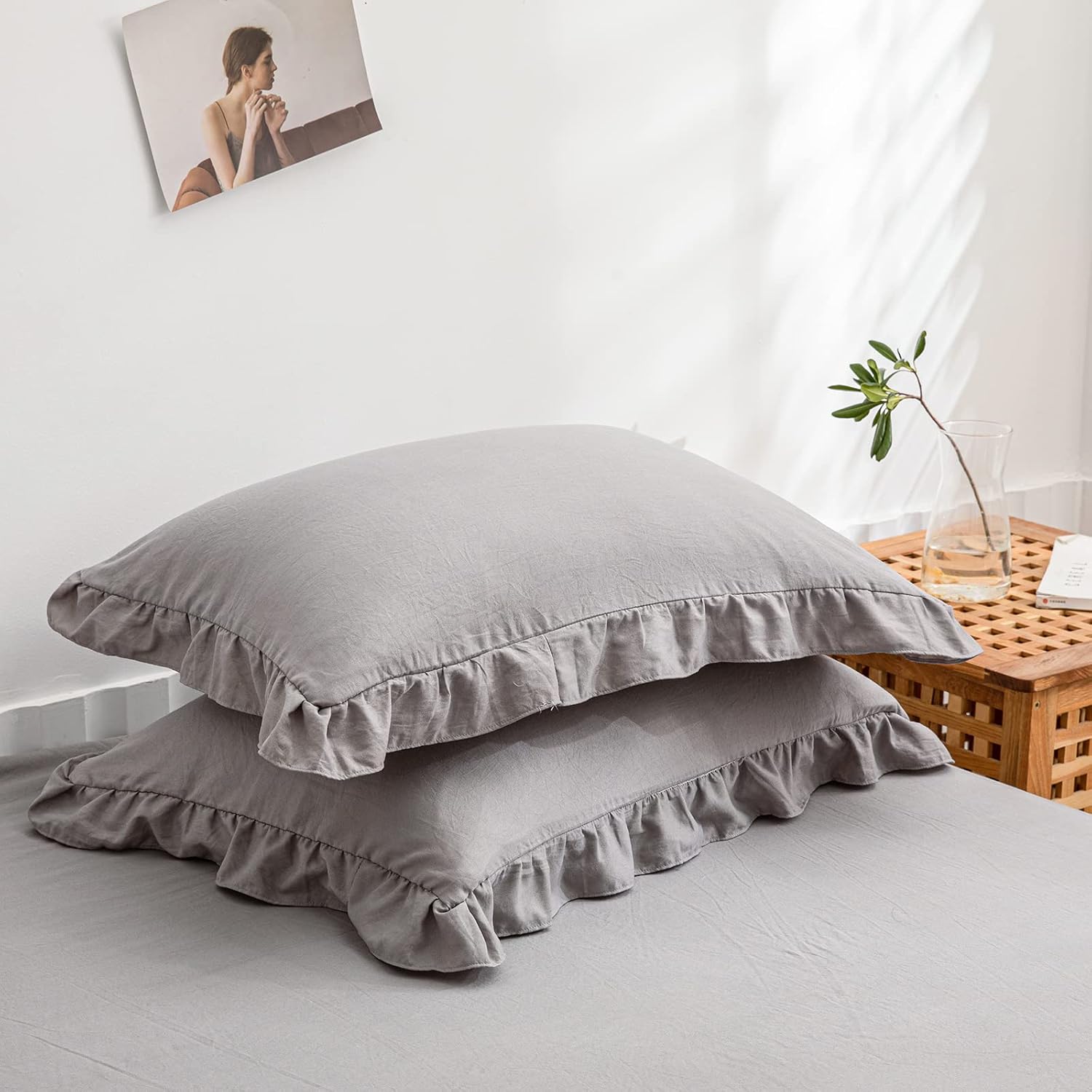 Merryword Cute Pillowcases Light Gray Pillow Shams Gray Ruffle Queen Pillowcases Set of 2 Shabby Chic Fringe Decor Pillow Cover 2 Pack (Que…