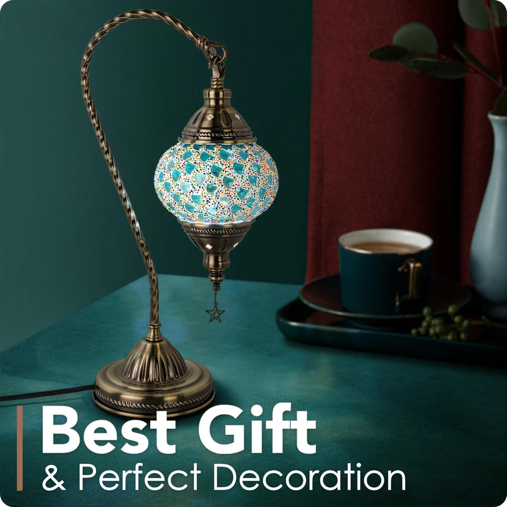 Yarra-Decor Turkish Moroccan Lamp with Bronze Base 3-Way Color Changing Handmade Swan Neck Tiffany Mosaic Glass Bedside Lamps for Bedroom…