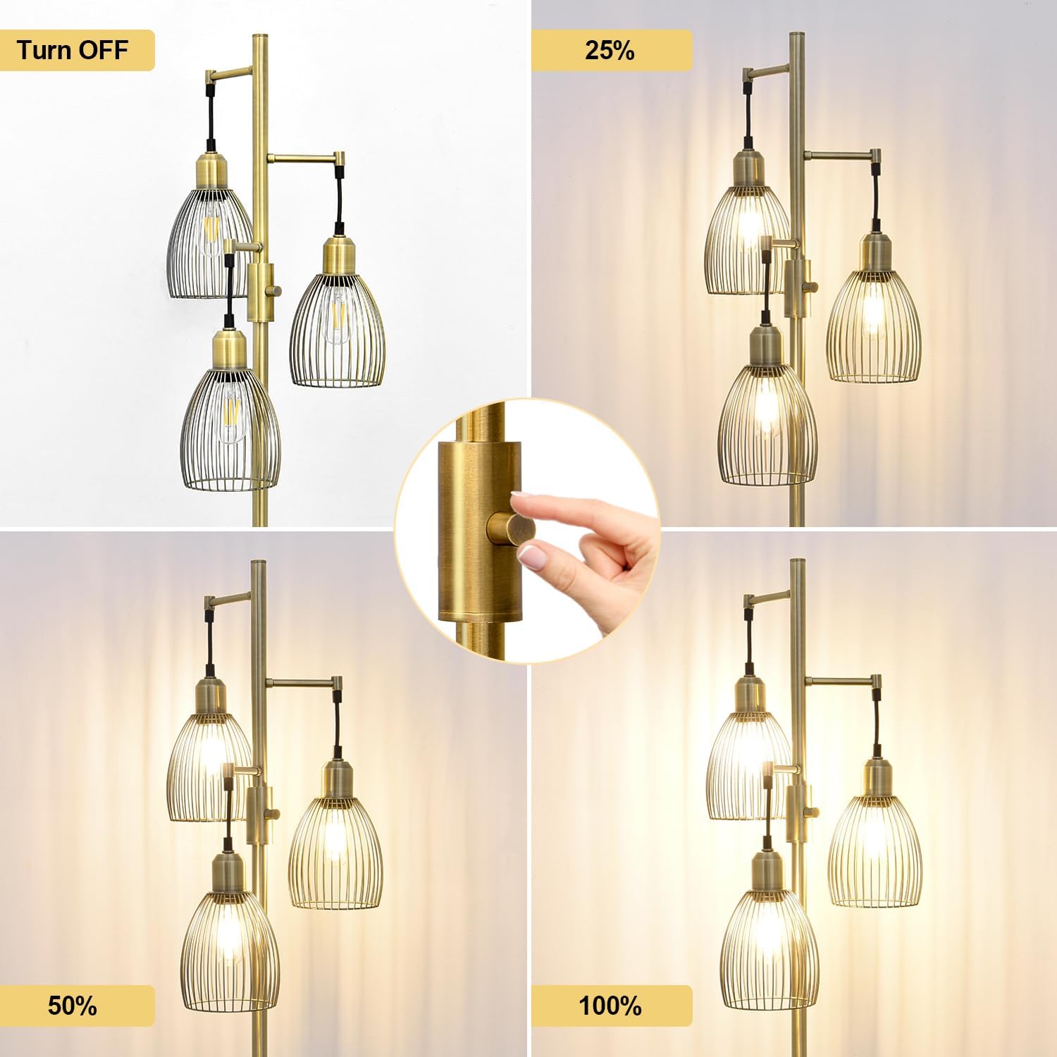 Dimmable Floor Lamp, 3 x 800LM LED Edison Bulbs Included, Farmhouse Industrial Floor Lamp Standing Tree Lamp with Elegant Teardrop Cage…