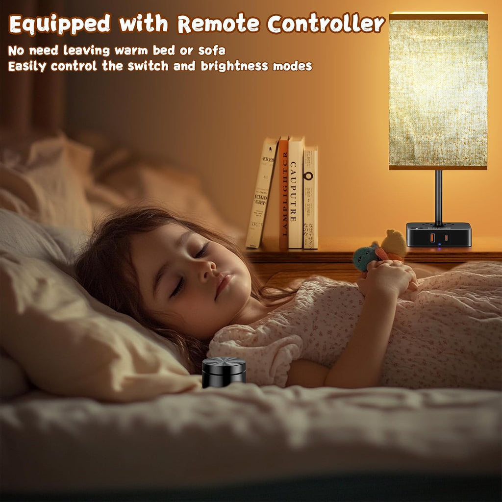 cozoo Bedroom Table Lamp with Remote Operation Control, Dimmable Bedside Table Desk Lamps with USB C+A Charging Ports 2 AC Outlets (Brown…