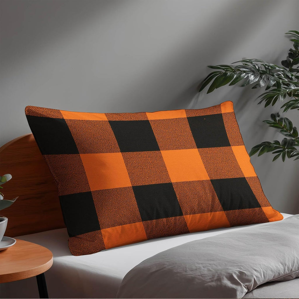 HOMETITUTE Pillow Covers Decorative Pack of 2 Satin 12x20 Inch Orange Black Buffalo Plaid Art Lumbar Throw Pillow Cases for Sofa Couch…