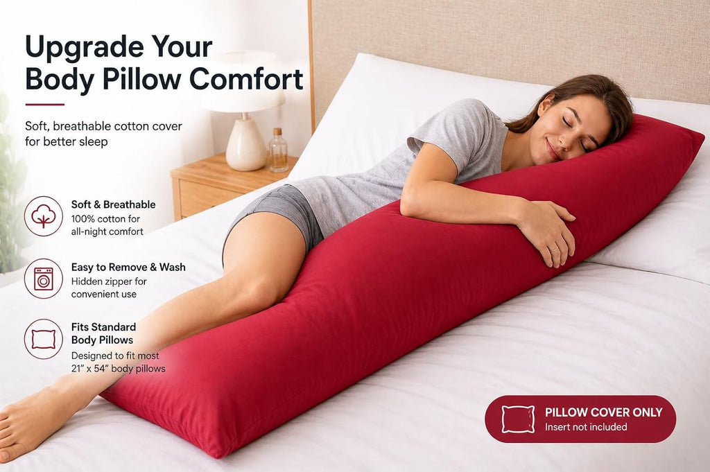 Evolive 300 Thread Count 100% Cotton Body Pillow Cover, 21" x 54", Soft Breathable Replacement Pillow Case with Hidden Zipper Closure (Red)…